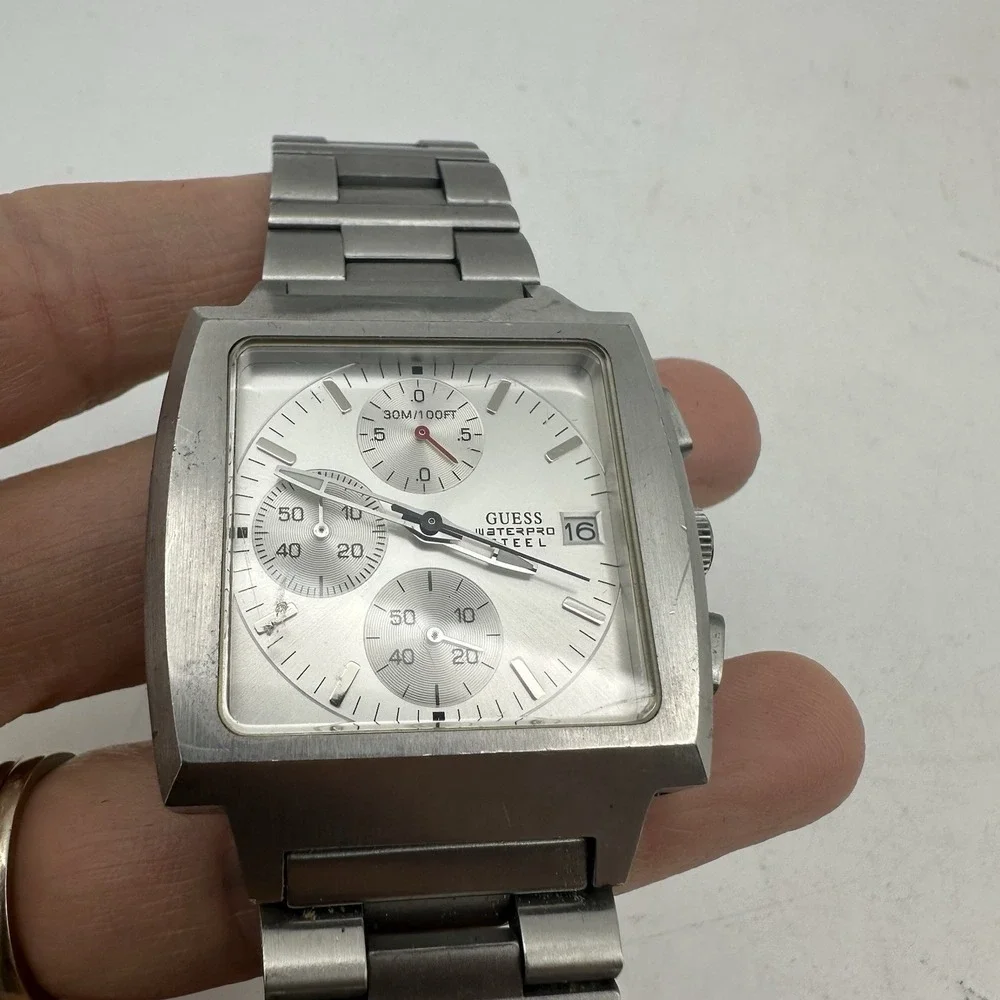 Guess Silver tone Stainless Steel Waterpro Chronograph Watch 112007 G1 3ATM
